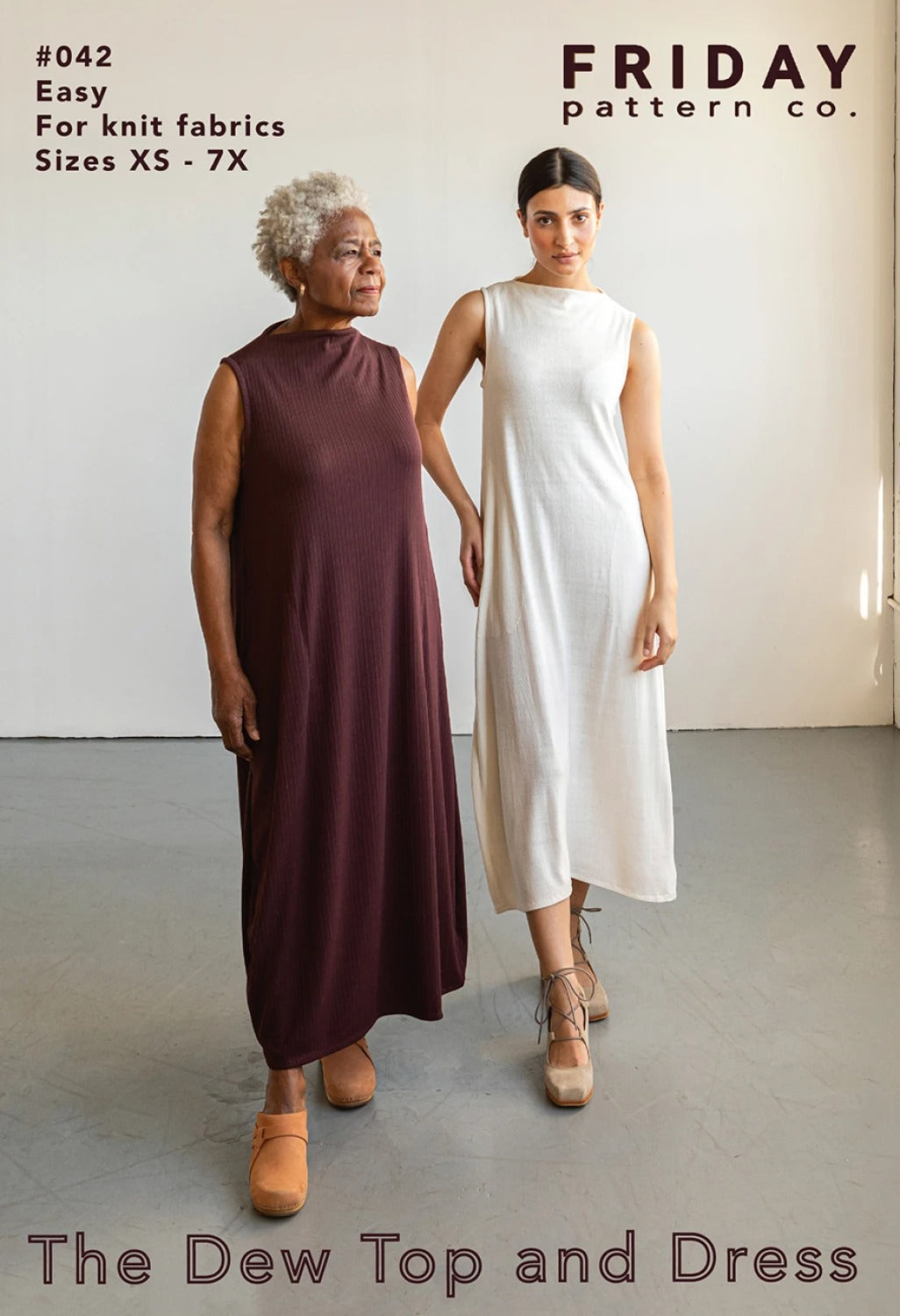 Two women wearing 'The Dew Top and Dress' from Friday Pattern Co. on a plain background.