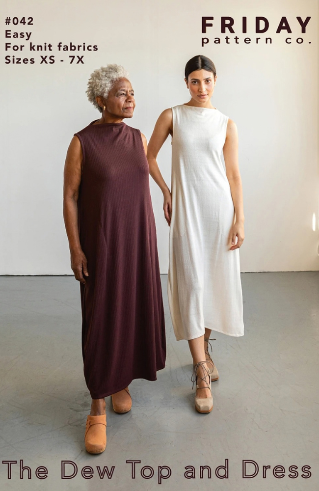 An older model in a burgundy knit fabric dress and a younger model in a white knit fabric dress on a gray and white background.