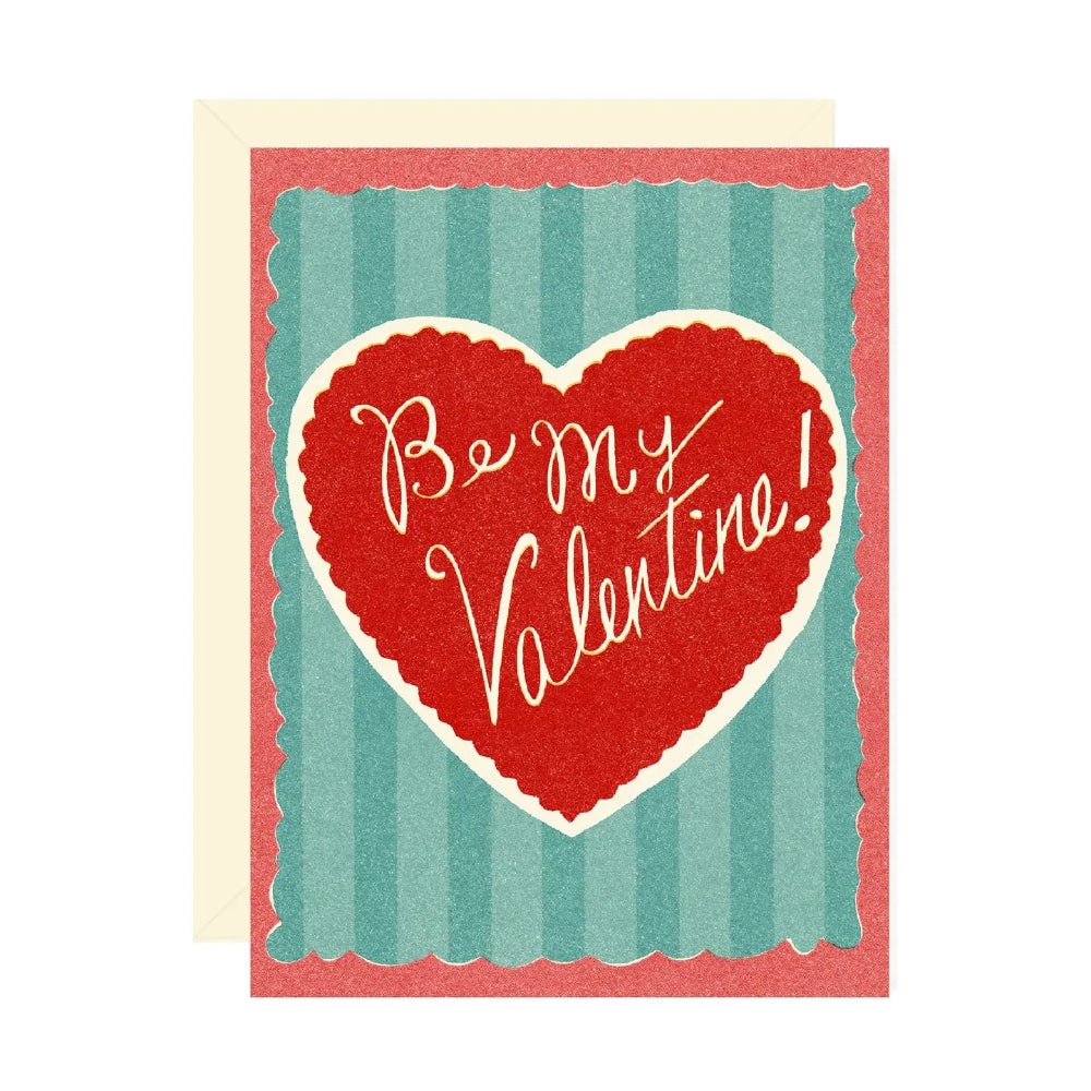 Valentine's Day card with a red heart and 'Be my Valentine!' text on a striped background