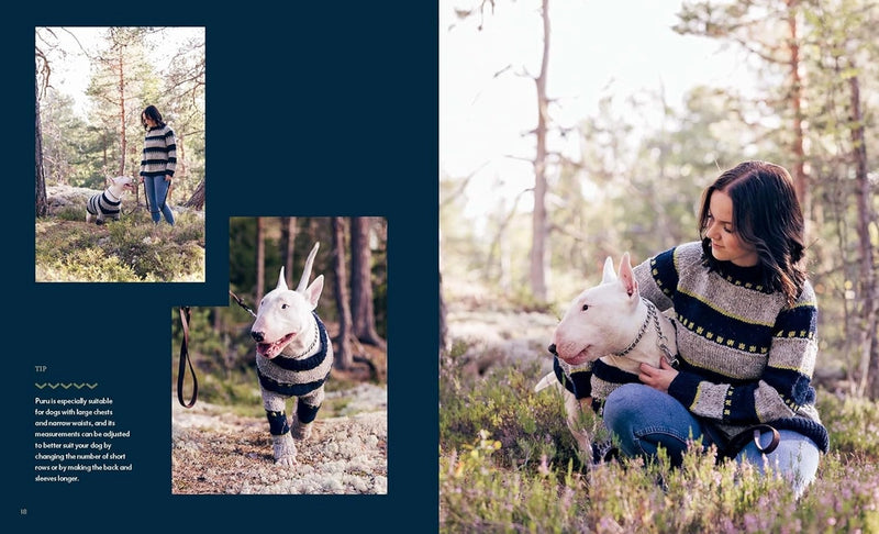 Woman and her dog wearing matching sweaters in a forest setting