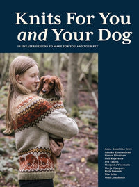 Book cover of 'Knits For You and Your Dog' with a person holding a dog wearing a patterned sweater.