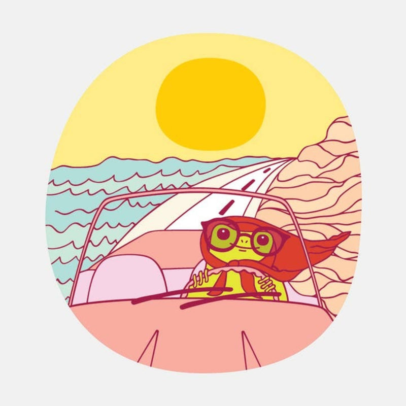 Illustration of a frog driving a car set against a beach scene.