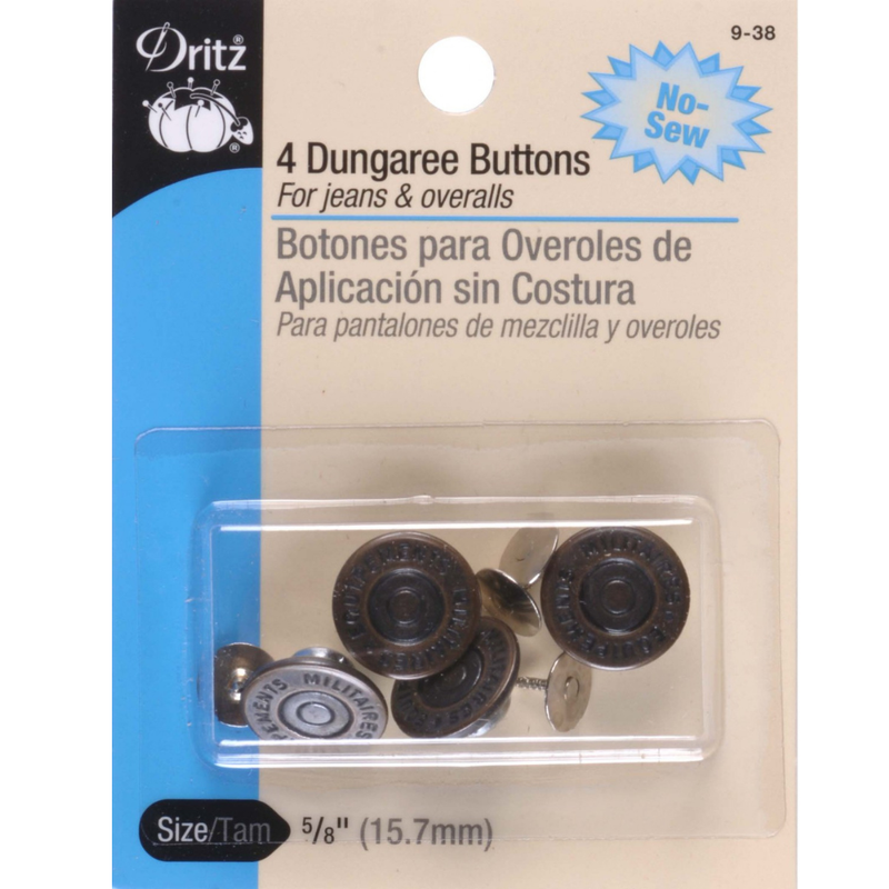 Brass dungaree buttons in clear packaging with Dritz blue and beige branding.