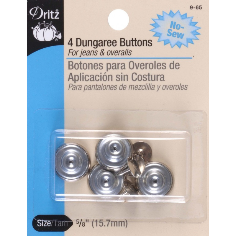 Nickel dungaree buttons in clear packaging with blue and beige Dritz branding on a white background.