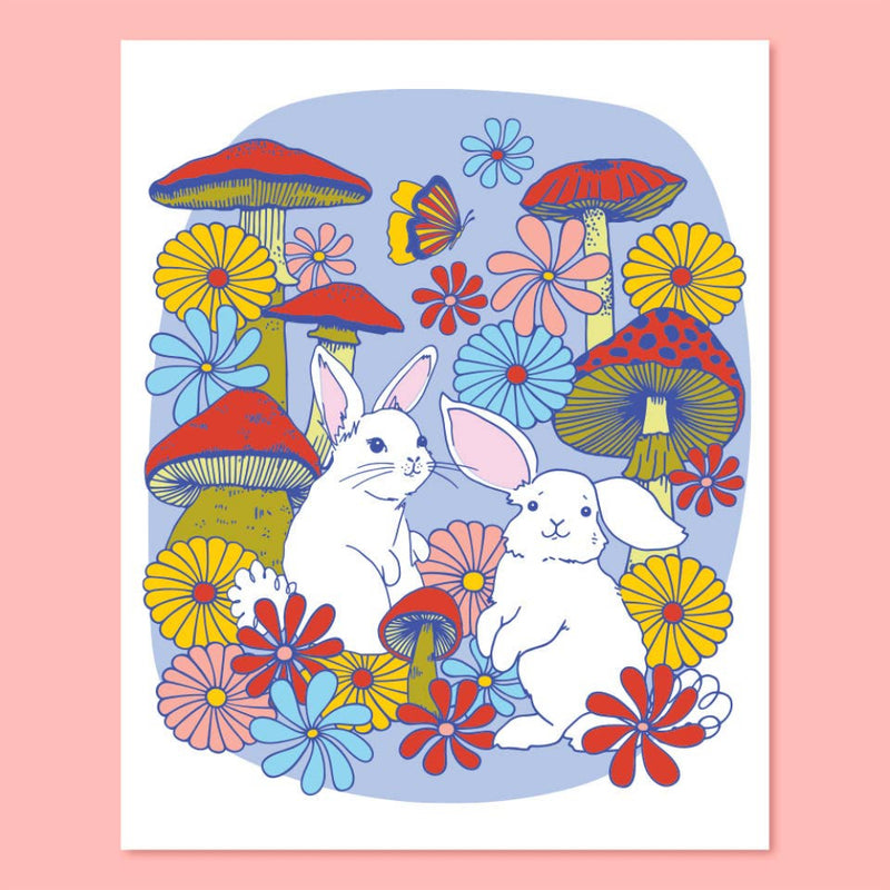Illustration of two bunnies surrounded by colorful mushrooms and flowers on a pink background