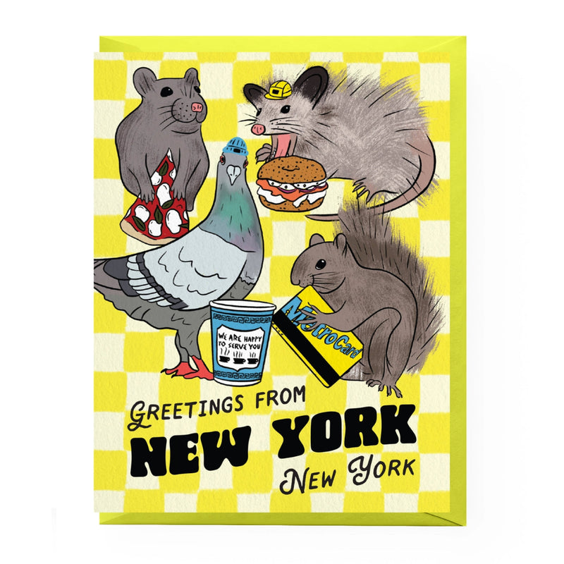 A New York-themed greeting card featuring cartoon illustrations of a possum, a pigeon, a squirrel, and a rat on a yellow and white checkered background. The text reads 'GREETINGS FROM NEW YORK New York' 