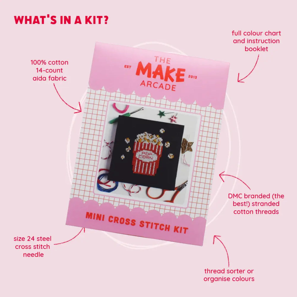 Make Arcade mini cross stitch kit with pink packaging on a white background