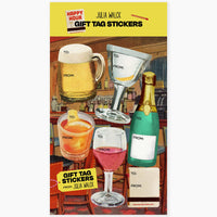 Gift tag stickers packaging with bar-themed design featuring drinks and a bottle.