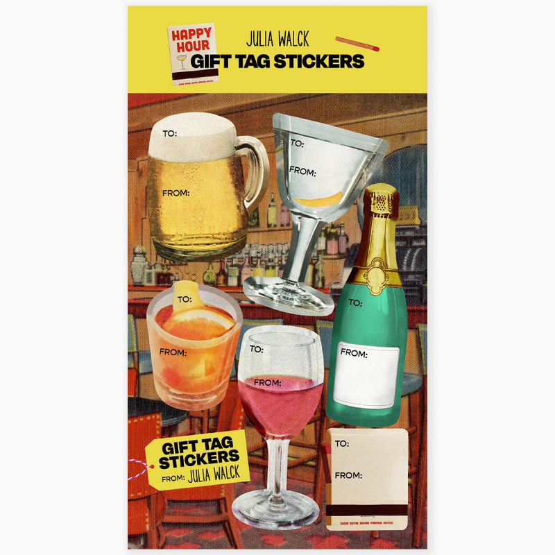 Gift tag stickers packaging with bar-themed design featuring drinks and a bottle.