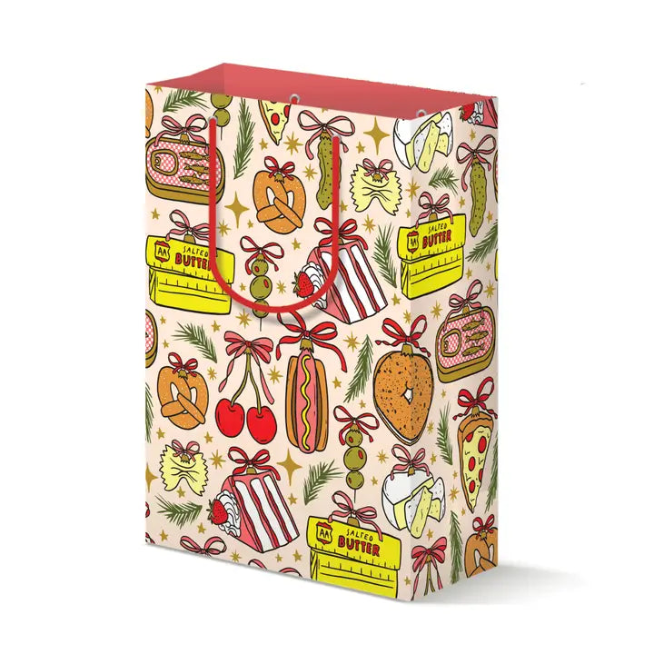 Gift bag with festive design featuring food illustrations and red handles on a white background
