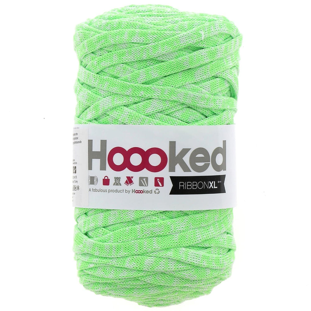 Neon green yarn ball with 'Hoooked' label on a white background