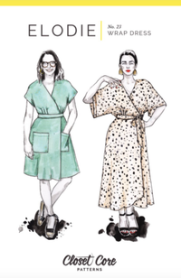 Illustration of two women wearing different versions of the same wrap dress, one green, short, and with pockets, the other long and patterned. Both on a white background with Closet Core Patterns branding.