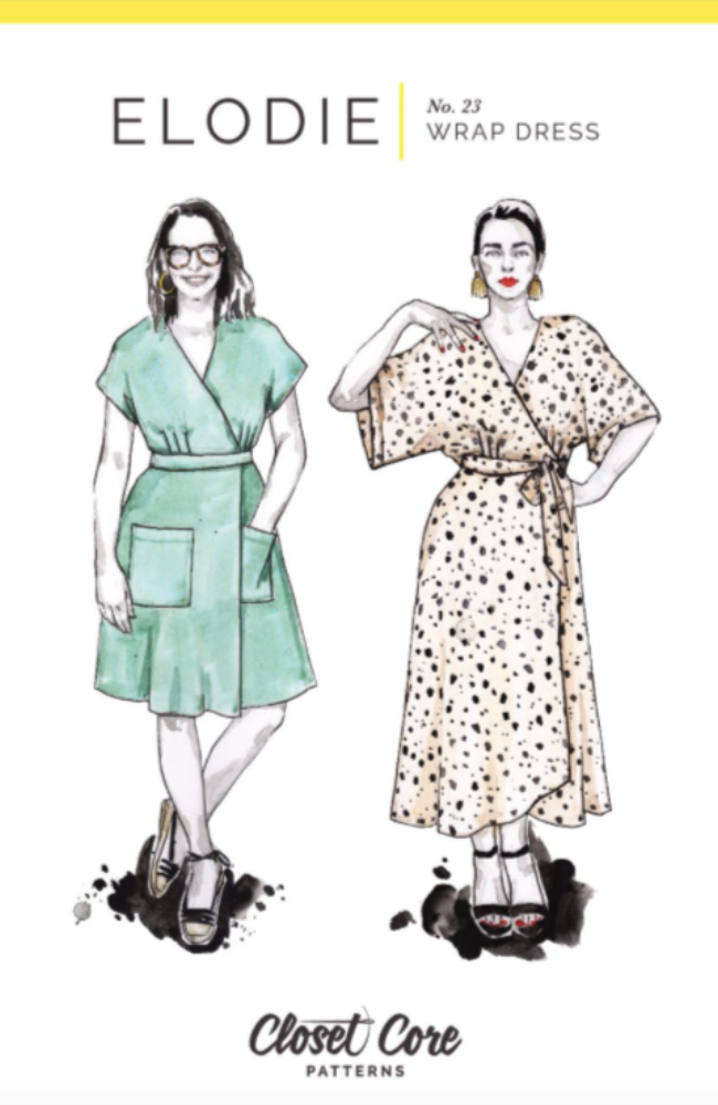 Illustration of two women wearing different versions of the same wrap dress, one green, short, and with pockets, the other long and patterned. Both on a white background with Closet Core Patterns branding.