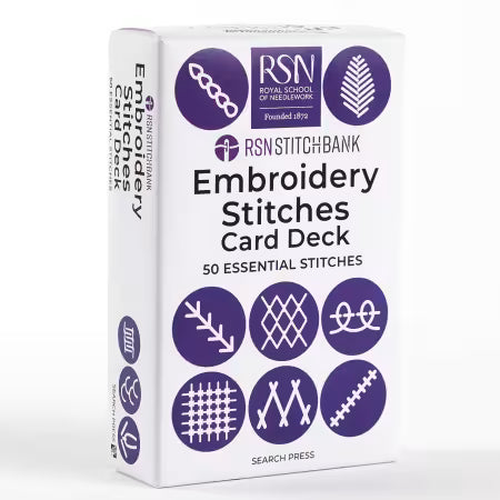 White box labeled "Embroidery Stitches Card Deck"with purple and white images of embroidery stitches on it on a white background.