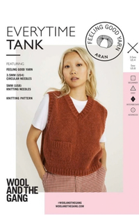 Knitting pattern cover for 'Everytime Tank' by Wool and the Gang, featuring a model wearing a brown ribbed knit vest. The cover includes product specifications, a brand logo for Feeling Good Yarn, and a pink sidebar with stitch and pattern details.