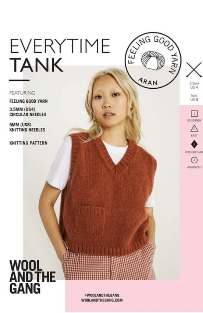 Knitting pattern cover for 'Everytime Tank' by Wool and the Gang, featuring a model wearing a brown ribbed knit vest. The cover includes product specifications, a brand logo for Feeling Good Yarn, and a pink sidebar with stitch and pattern details.