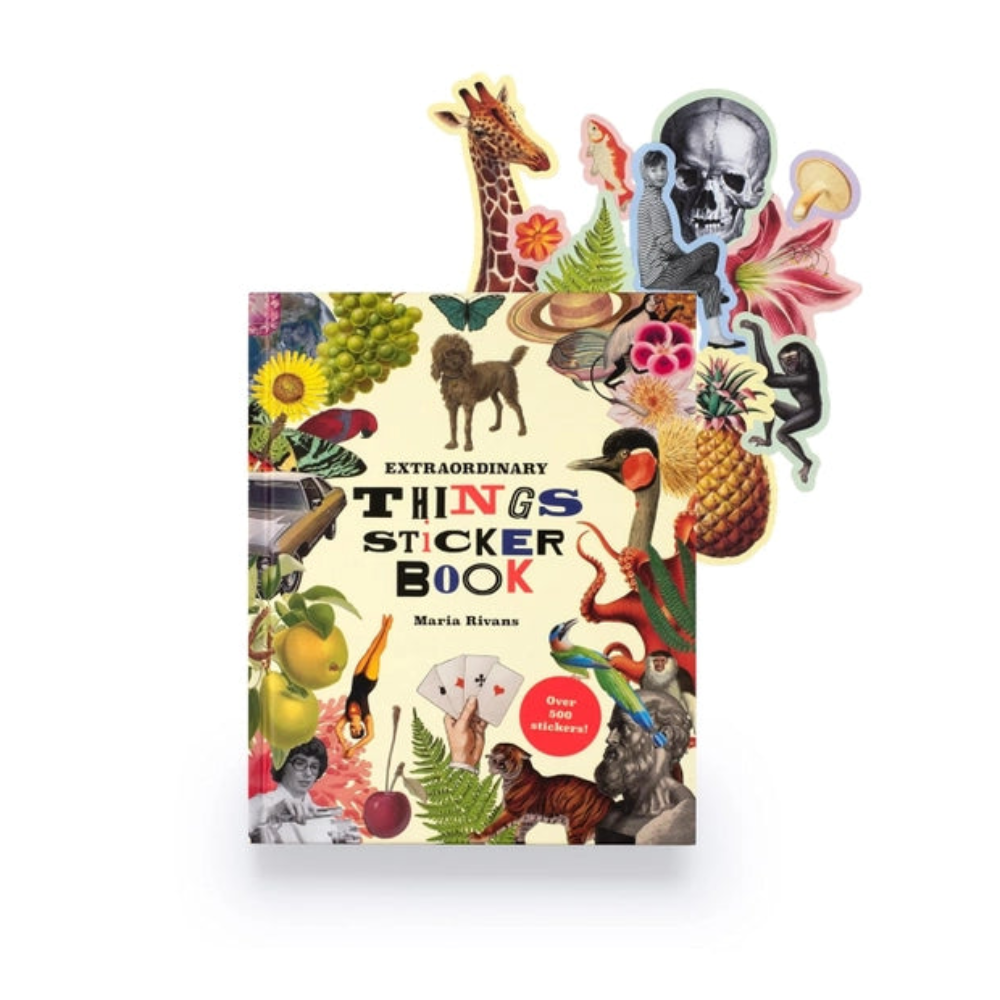 The 'Extraordinary Things Sticker Book', featuring many images of colorful plants and animals, and vintage style figures
