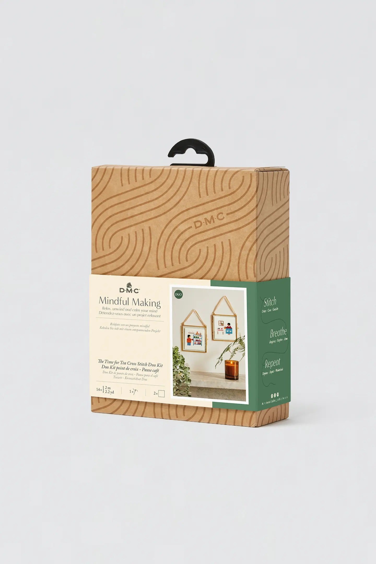 Packaged product with wooden design and DMC branding on a white background