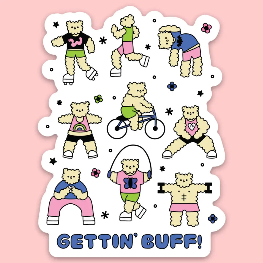 Bears doing different types of workouts with the text "Gettin' Buff!" on a pink background