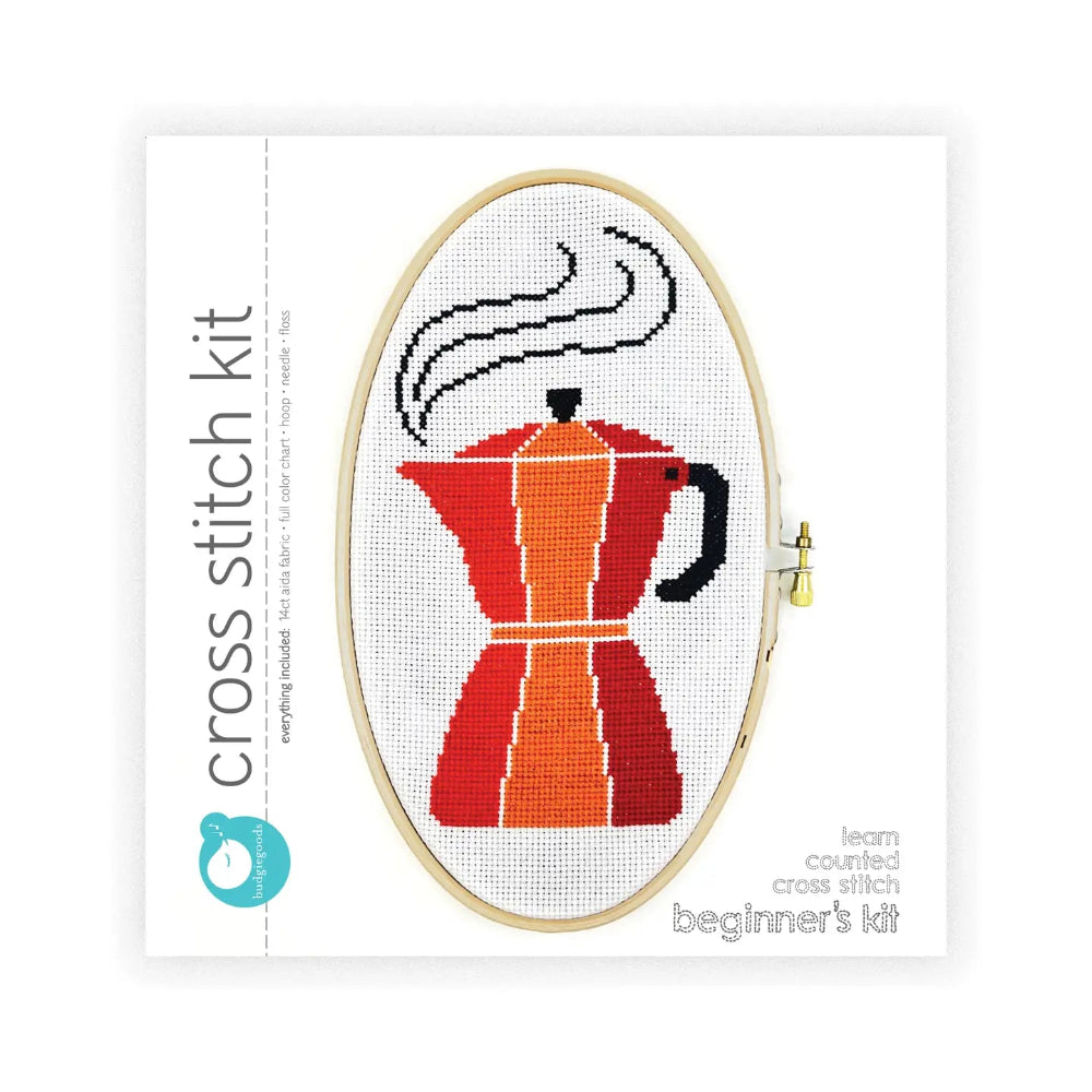 Cross stitch kit with a red coffee pot design on a white background
