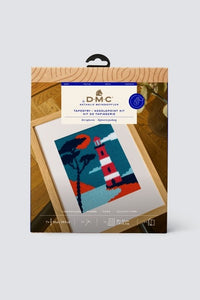 DMC needlepoint kit packaging with a lighthouse design on a white background