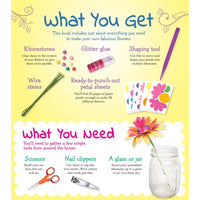 Instructions for making flowers with various supplies on a yellow background