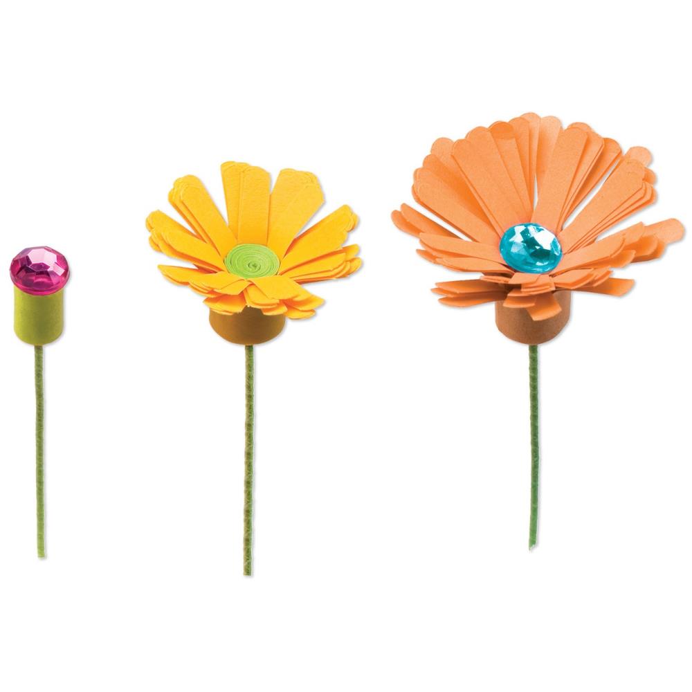 Three decorative flowers with colorful centers on a white background