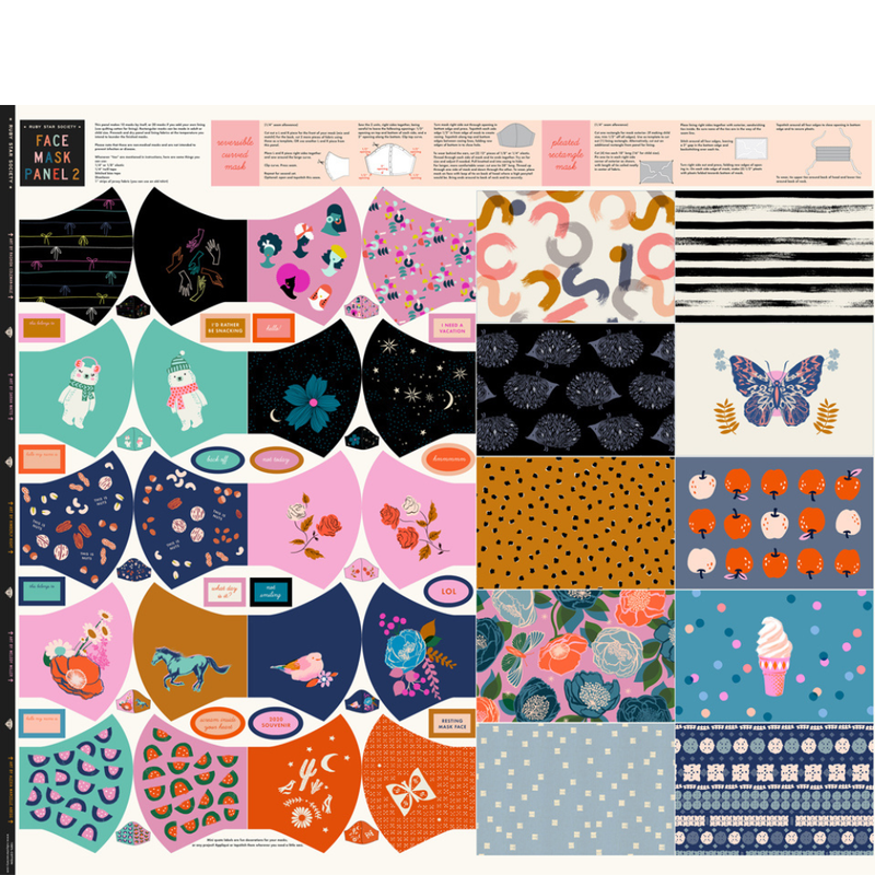 A flat lay of many colorful fabric face masks with different patterns, including stripes, florals, animals, and abstract prints, arranged in a grid on a white background.