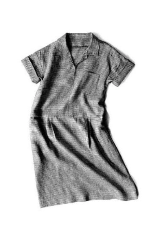 Gray collared shirtdress with cuffs and breast pocket on a white background.