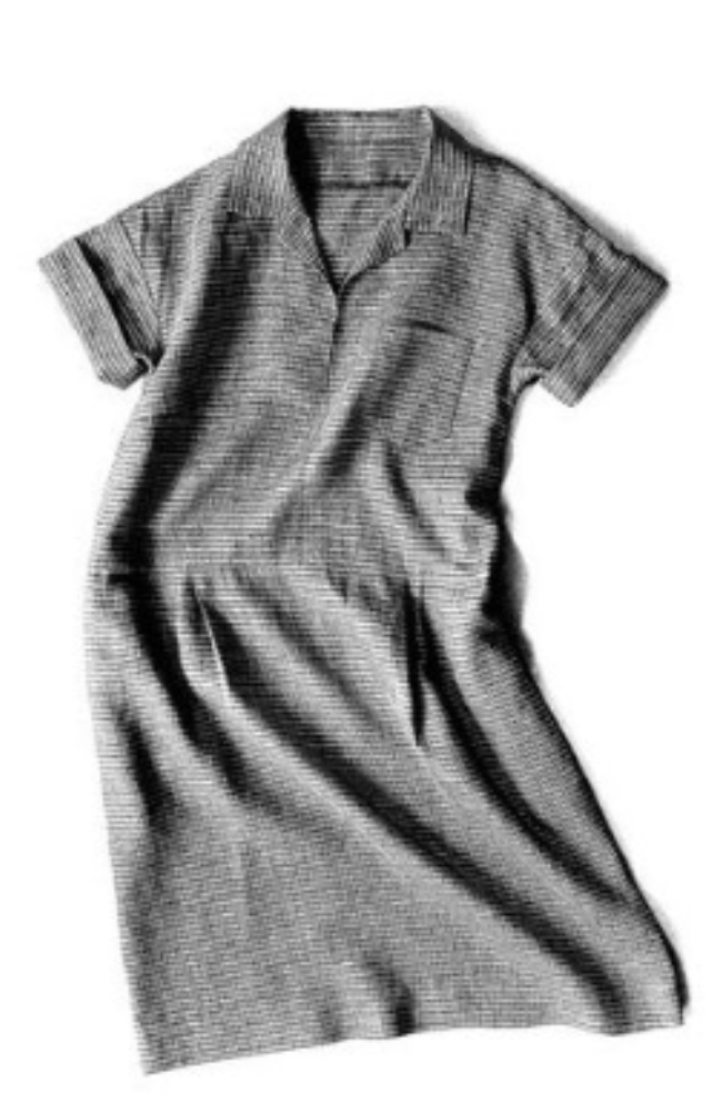 Gray textured dress with shirt collar, pocket, and rolled sleeves, laying flat on a white background.