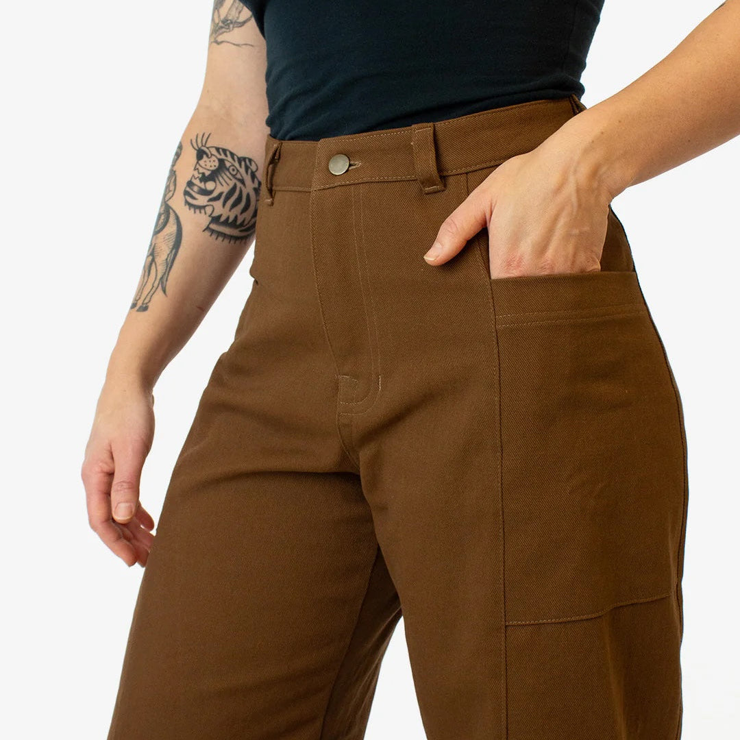 Brown pants worn by a person on a white background