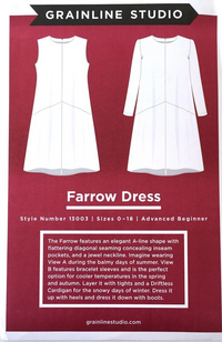 Two line illustrations of different versions of the Farrow Dress on a red background with Grainline Studio branding and pattern description.