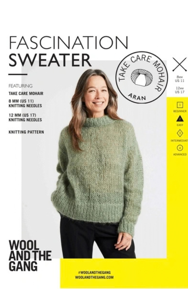 Woman with long light brown hair in a green turtleneck knit sweater and black pants with Wool & the Gang branding and text on a yellow and white background. 