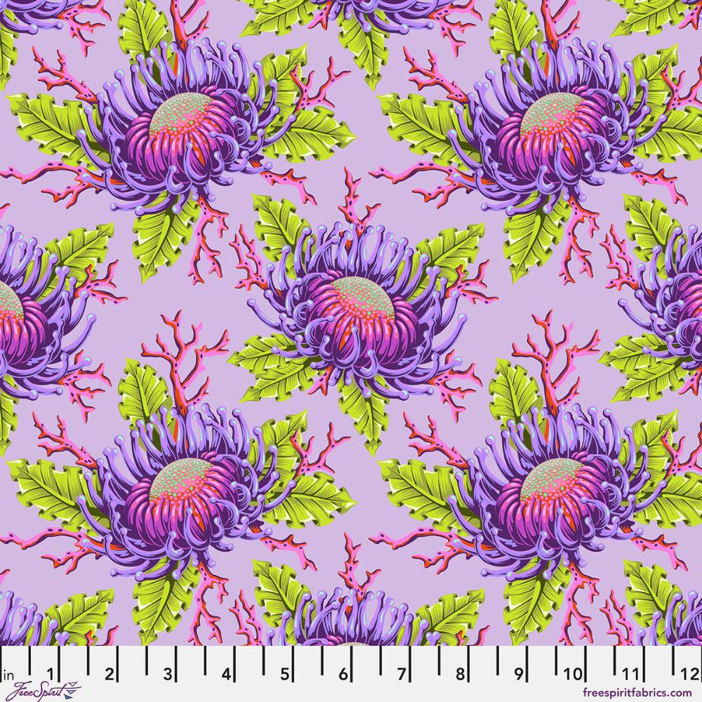 Pattern of purple flowers with green leaves on a light purple background