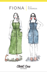 Illustrations of two women in same dress, one green and long, the other short and blue, on a white background with Closet Core Patterns branding.
