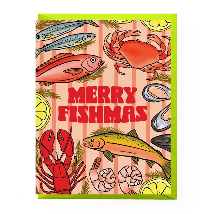 Greeting card with seafood illustrations and 'Merry Fishmas' text on a striped background