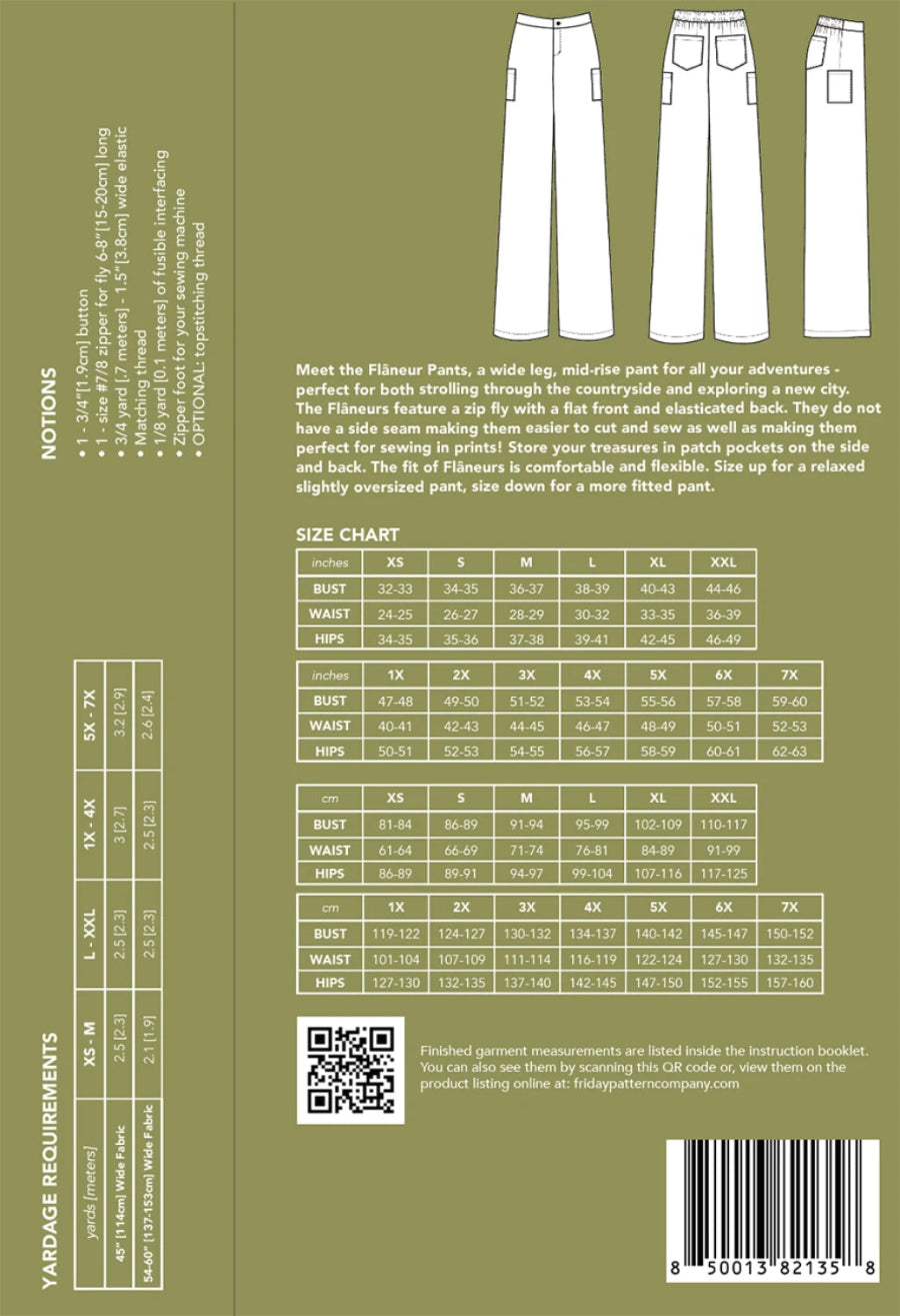 Bach of the pattern with the size chart and yardage requirement + notions