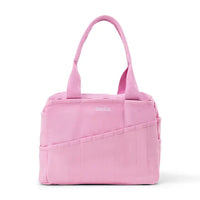 Pink handbag with a visible brand logo on a white background