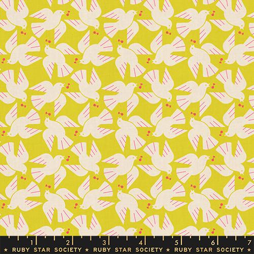 Yellow fabric featuring illustrated white doves holding red berries.