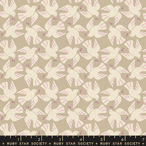 Beige fabric featuring illustrated white doves holding pink berries.