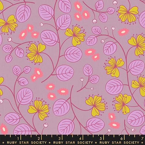 Lilac fabric featuring illustrated plants and flowers.