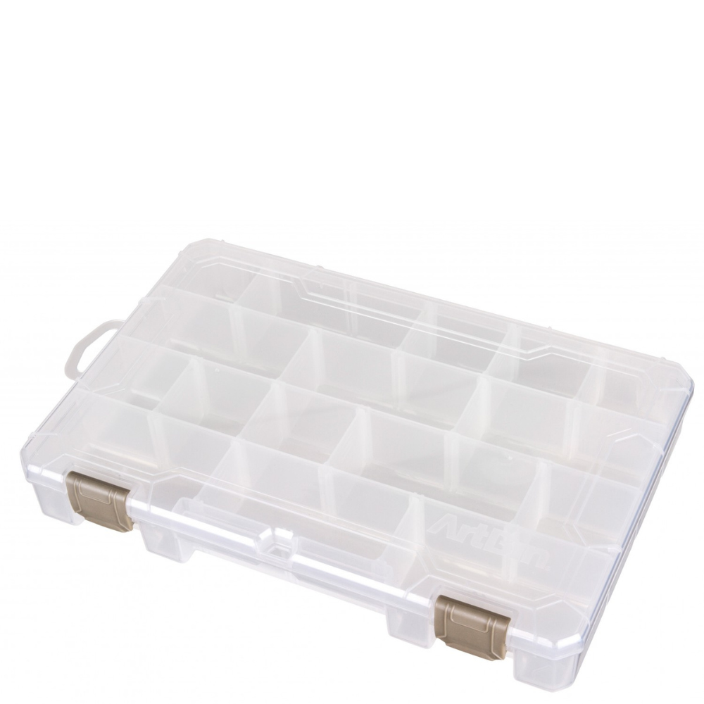 Clear plastic box with many compartments and gray latches on a white background.