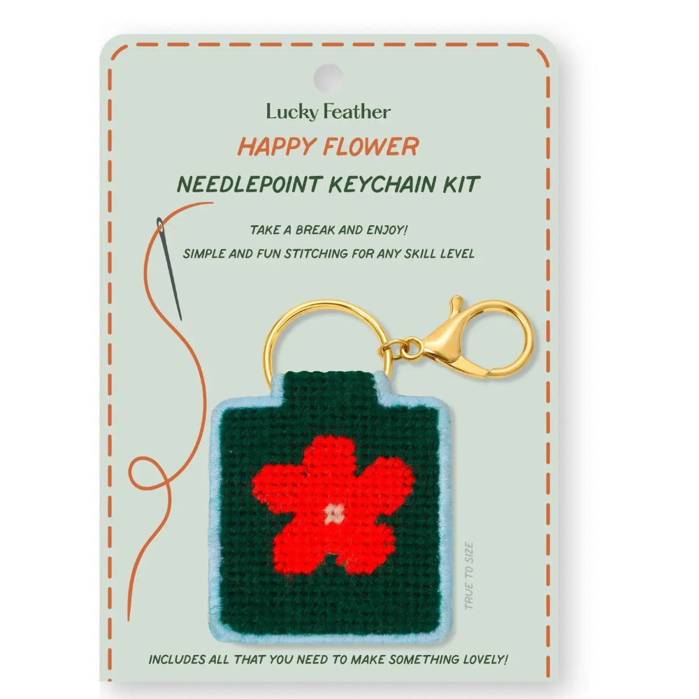Lucky Feather Happy Flower needlepoint keychain kit on packaging