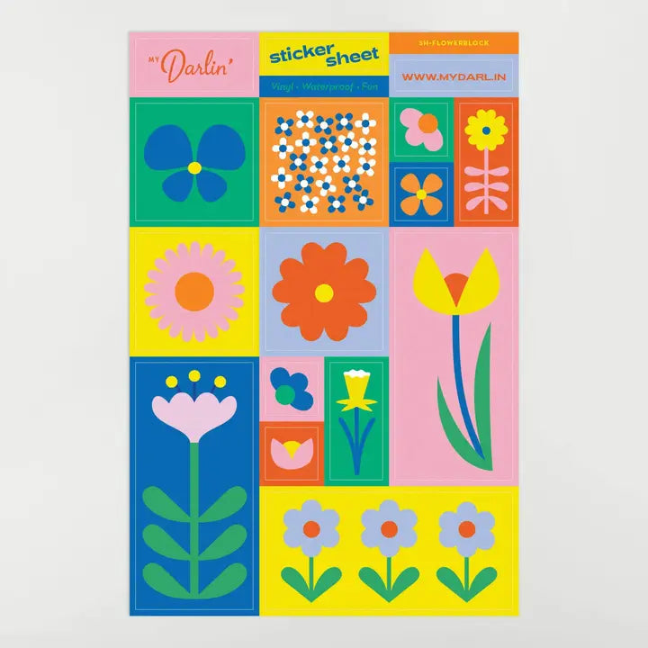 Sticker sheet with colorful floral designs on a light gray background