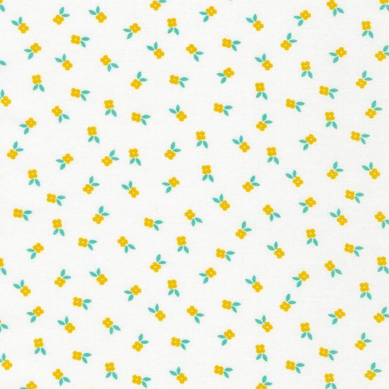 Pattern of small yellow flowers with green leaves on a white background