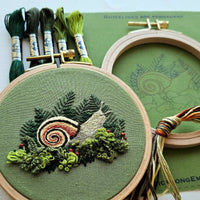 Embroidery hoop with snail design and green thread on a green background