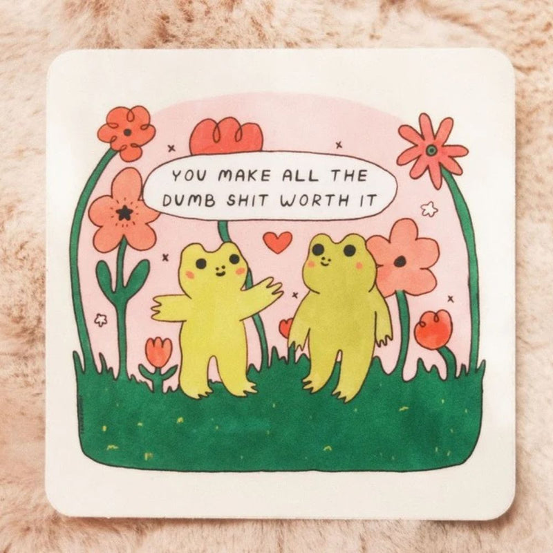 Cartoon illustration of two animals in a garden with flowers and a speech bubble.