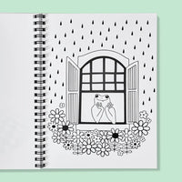 Coloring book with a frog illustration and raindrops on a light green background