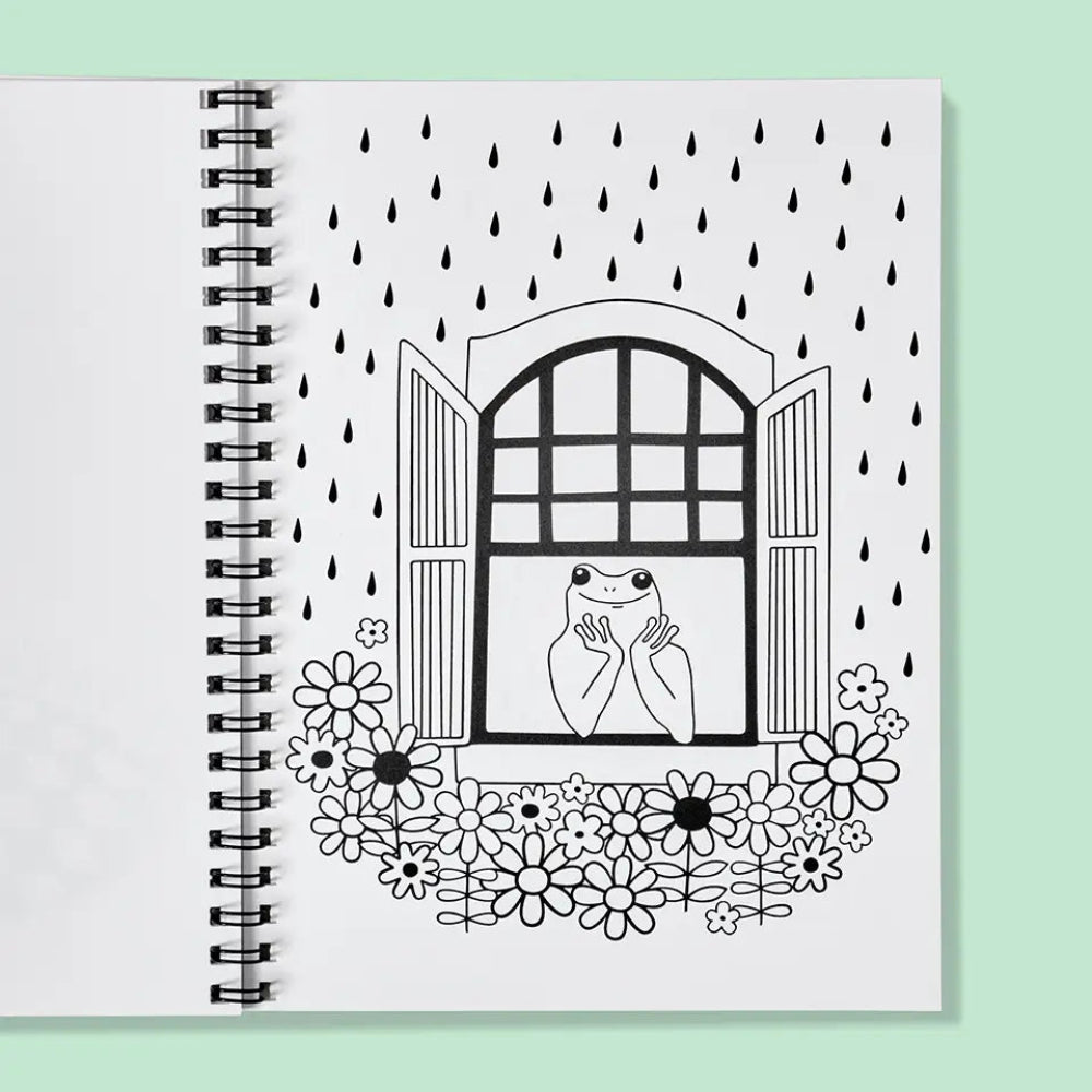 Coloring book with a frog illustration and raindrops on a light green background