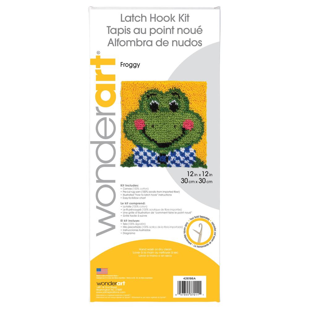 Rectangular box packaging for froggy latch hook kit by wonderart. 